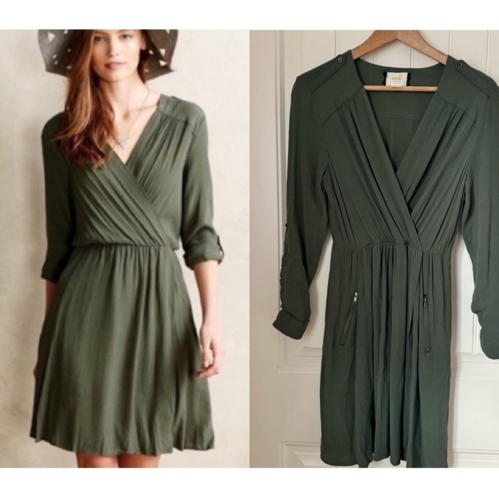 Maeve Lene Faux Wrap Dress in Olive Green. Size XS
